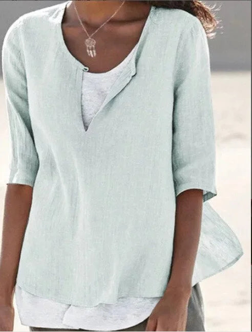 Women’s Blouse – Relaxed Fit – Layered V-Neck – Mid Sleeve – Breathable Blend