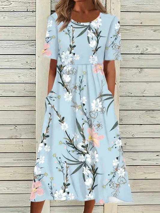 Women’s Midi Dress – Relaxed Fit – A-Line Silhouette – Floral Pattern – Breathable Blend