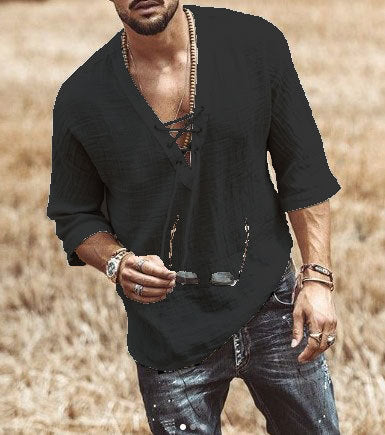 Men’s Casual Shirt – Relaxed Fit – Lace-Up V-Neck – 3/4 Sleeve – Lightweight Breathable