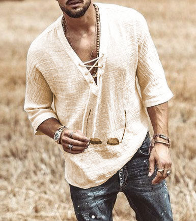 Men’s Casual Shirt – Relaxed Fit – Lace-Up V-Neck – 3/4 Sleeve – Lightweight Breathable