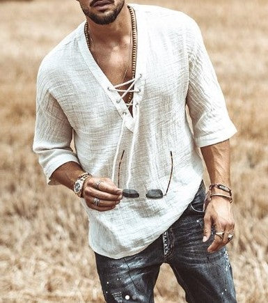 Men’s Casual Shirt – Relaxed Fit – Lace-Up V-Neck – 3/4 Sleeve – Lightweight Breathable