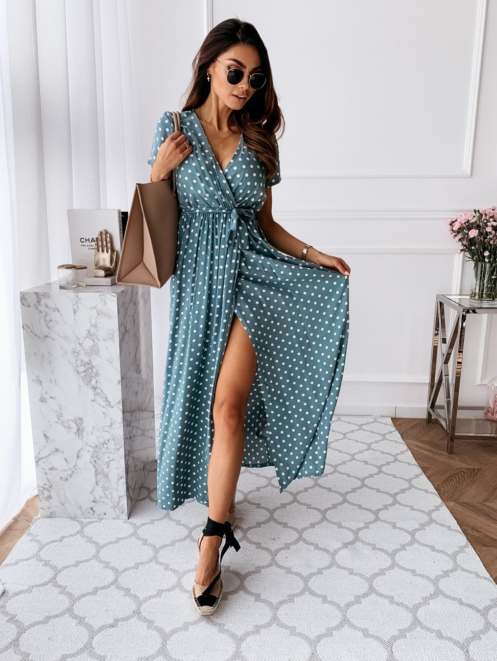 Women’s Wrap Dress – Adjustable Fit – V-Neck – High Slit Full Length – Dotted Pattern