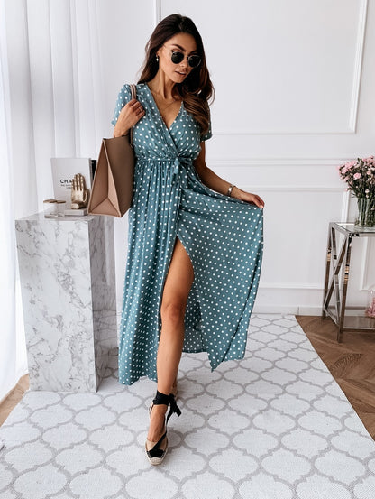 Women’s Wrap Dress – Adjustable Fit – V-Neck – High Slit Full Length – Dotted Pattern