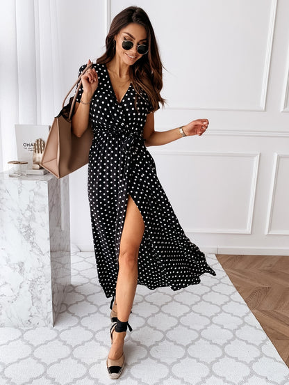 Women’s Wrap Dress – Adjustable Fit – V-Neck – High Slit Full Length – Dotted Pattern