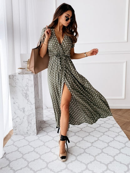 Women’s Wrap Dress – Adjustable Fit – V-Neck – High Slit Full Length – Dotted Pattern