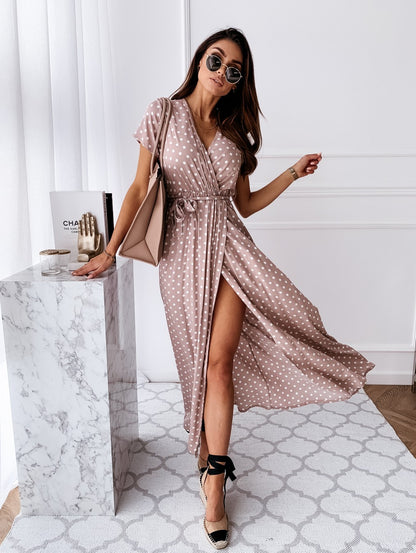Women’s Wrap Dress – Adjustable Fit – V-Neck – High Slit Full Length – Dotted Pattern