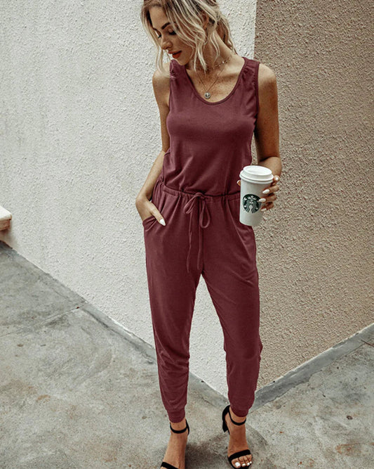 Women’s Jumpsuit – Relaxed Fit – Sleeveless – Scoop Neck – Tapered Leg