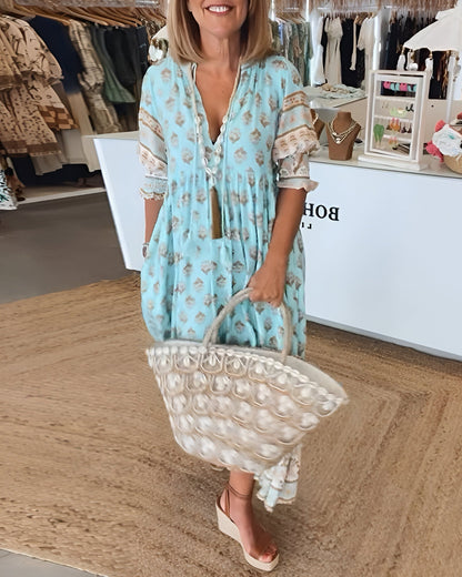 Women’s Maxi Dress – Boho Floral Print – V-Neck – Relaxed Fit – Natural Fibers