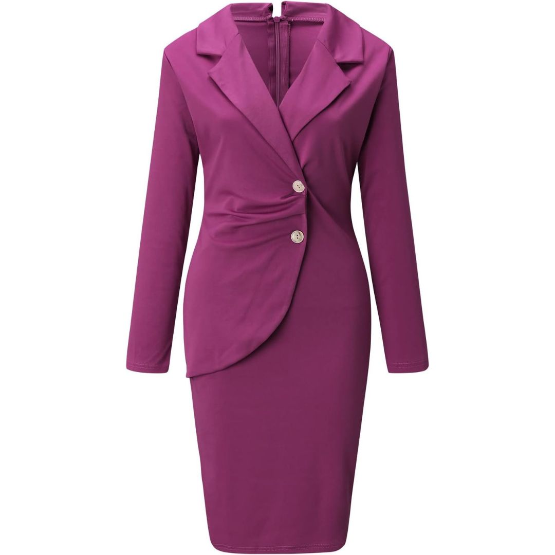 Women's Blazer Dress - Slim Fit Bodycon - Lapel Collar Long Sleeve - Button Closure