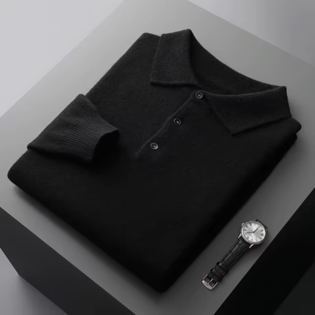Men’s Polo Sweater – Merino Wool – Standard Fit – Button Placket – Ribbed Trim