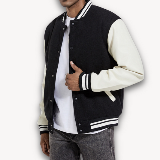 Men’s Varsity Jacket – Wool Blend Body – Faux Leather Sleeves – Classic Fit – Snap Front