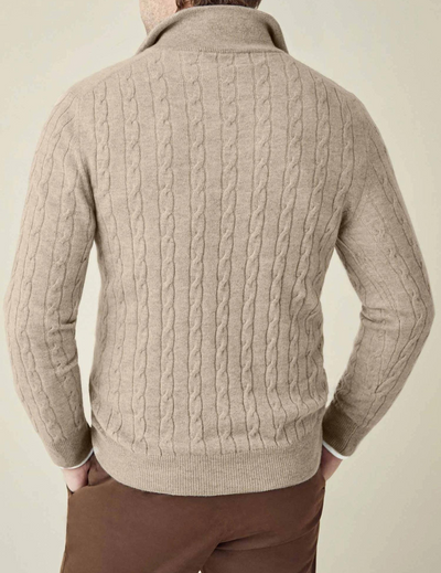 Men’s Cable Knit Sweater – Wool Blend – Half Zip – Stand Collar – Smart Casual Fit