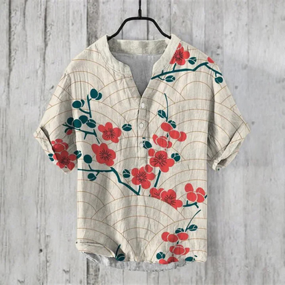 Men’s Casual Shirt – Relaxed Fit – Short Sleeve – Henley Neck – Artistic Cat Graphic
