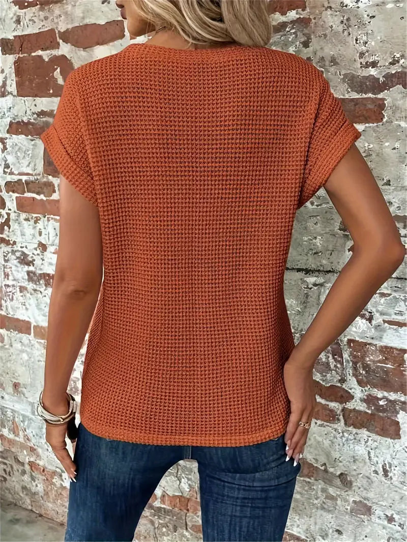 Women's Knit Top - Waffle Texture - Loose Fit - Round Neck - Breathable Casual Wear