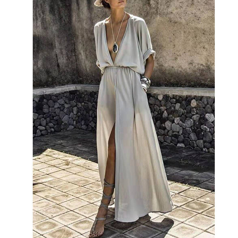 Women’s Maxi Dress – Relaxed Fit – Deep V-Neck – Front Slit – Mid Sleeves – Flowy Fabric