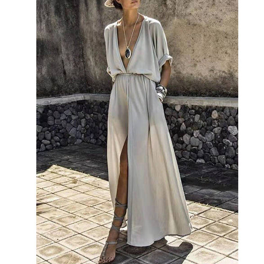 Women’s Maxi Dress – Relaxed Fit – Deep V-Neck – Front Slit – Mid Sleeves – Flowy Fabric