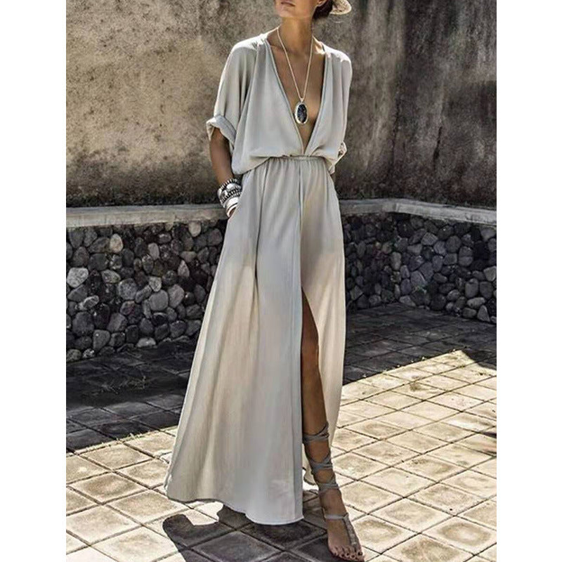 Women’s Maxi Dress – Relaxed Fit – Deep V-Neck – Front Slit – Mid Sleeves – Flowy Fabric