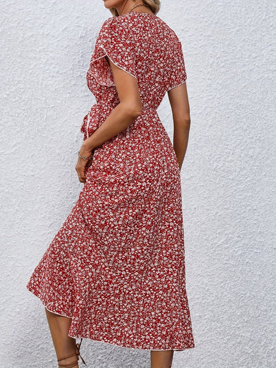 Women's Wrap Dress - Floral Print - V-Neck - Short Flutter Sleeves - Midi Length