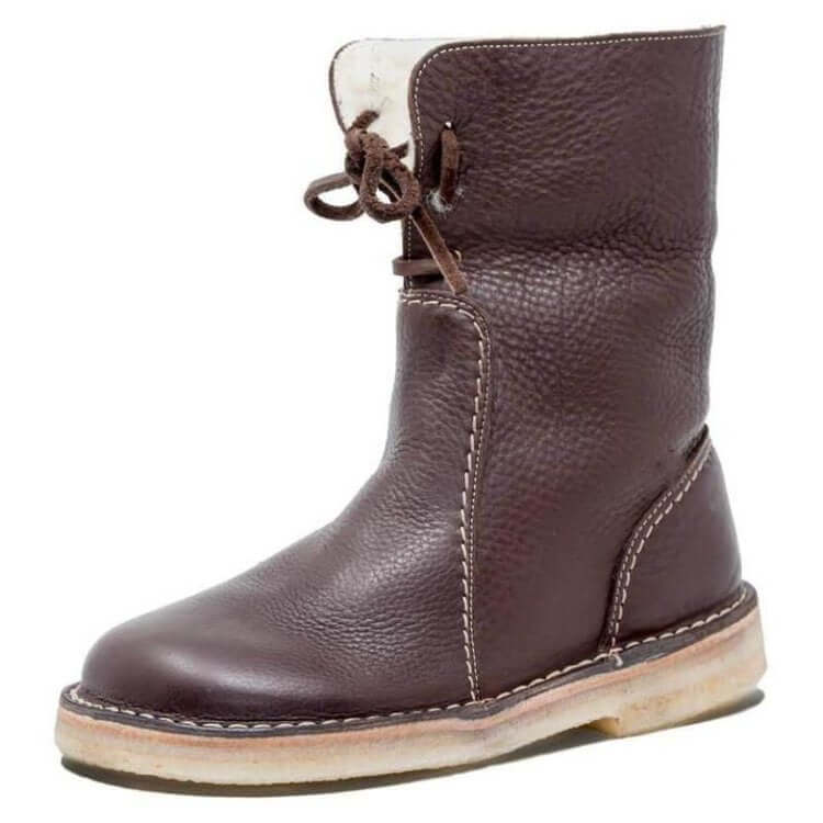 Women’s Mid-Calf Boots – Leather Look – Wool Lined – Lace Up – Rounded Toe – Stitched