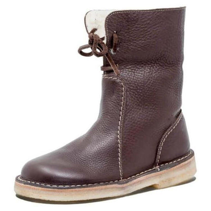 Women’s Mid-Calf Boots – Leather Look – Wool Lined – Lace Up – Rounded Toe – Stitched