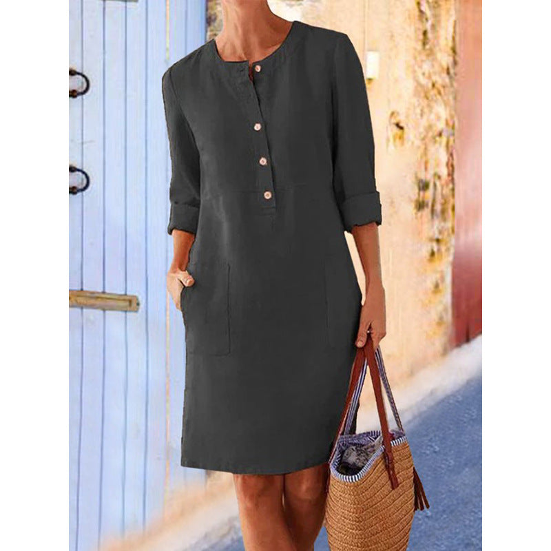 Women’s Midi Dress – Relaxed Fit – Natural Fibers – Button Front – Long Sleeve – Pockets