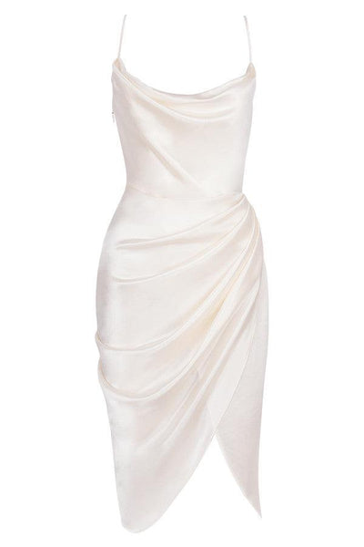 Women’s Midi Dress – Cowl Neck – Spaghetti Straps – High Slit – Draped Waist Detail