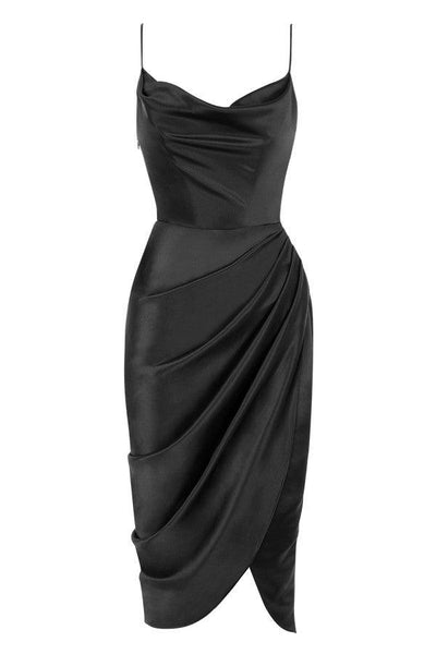 Women’s Midi Dress – Cowl Neck – Spaghetti Straps – High Slit – Draped Waist Detail