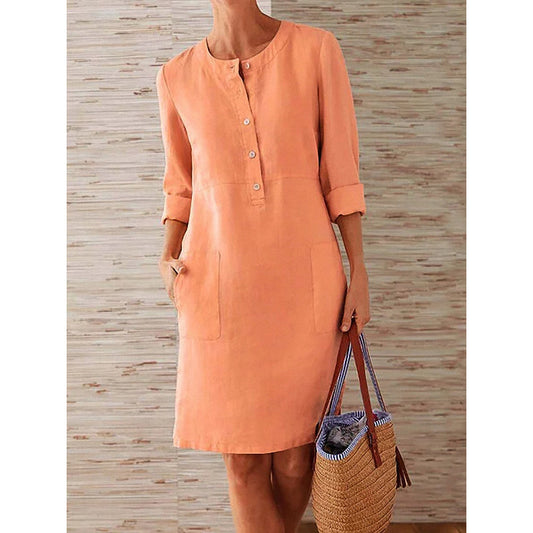 Women’s Midi Dress – Relaxed Fit – Natural Fibers – Button Front – Long Sleeve – Pockets