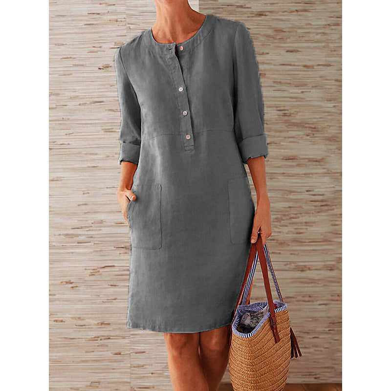 Women’s Midi Dress – Relaxed Fit – Natural Fibers – Button Front – Long Sleeve – Pockets