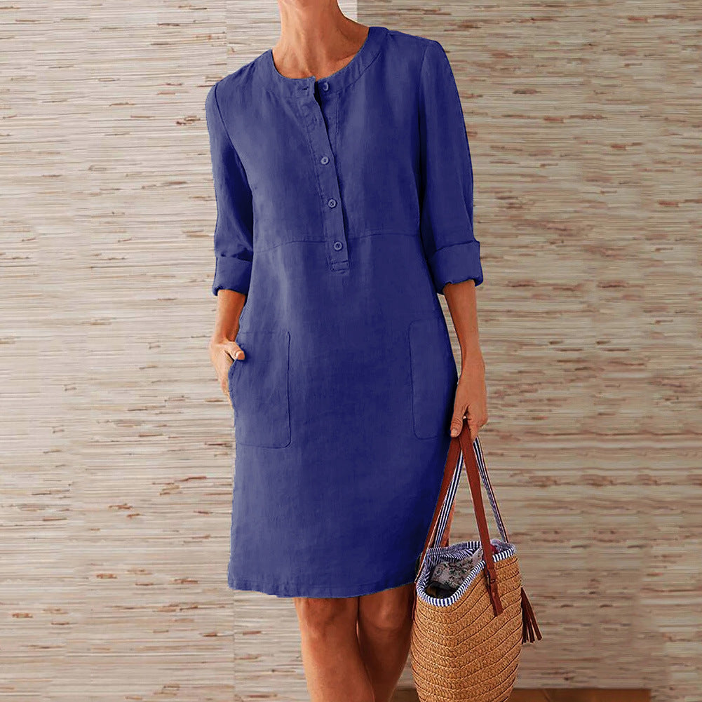 Women’s Midi Dress – Relaxed Fit – Natural Fibers – Button Front – Long Sleeve – Pockets