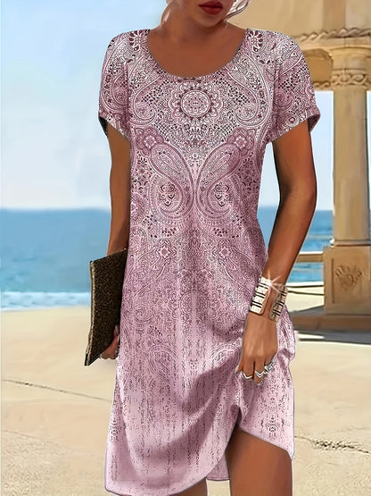 Women’s Mini Dress – Relaxed Fit – Breathable Blend – Short Sleeve – Round Neckline