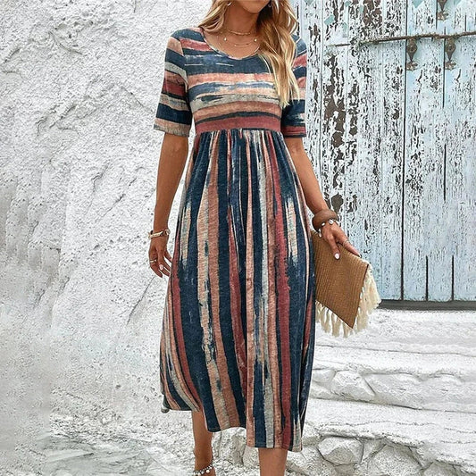 Women’s Midi Dress – Relaxed Fit – Empire Waist – Scoop Neck – Breathable Blend – Striped