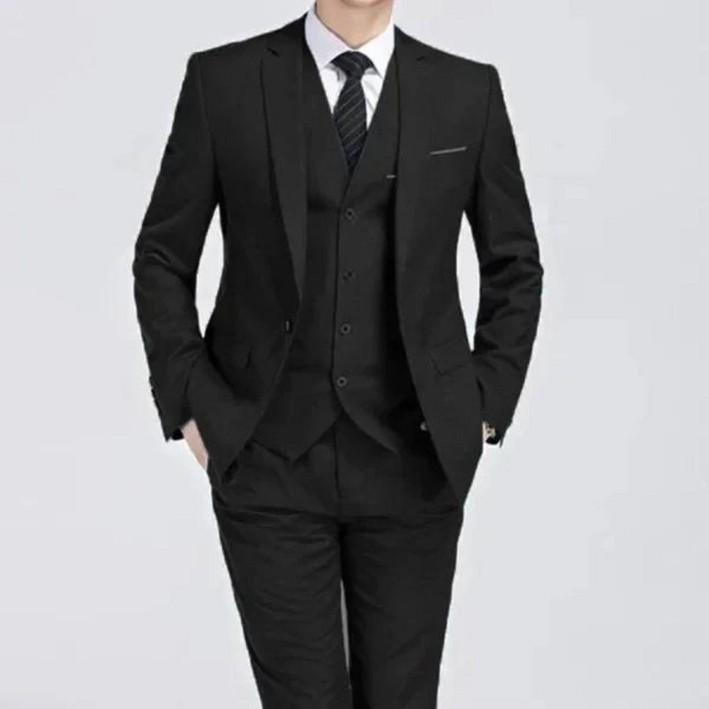 Men's Black Three-Piece Suit with Single-Breasted Closure