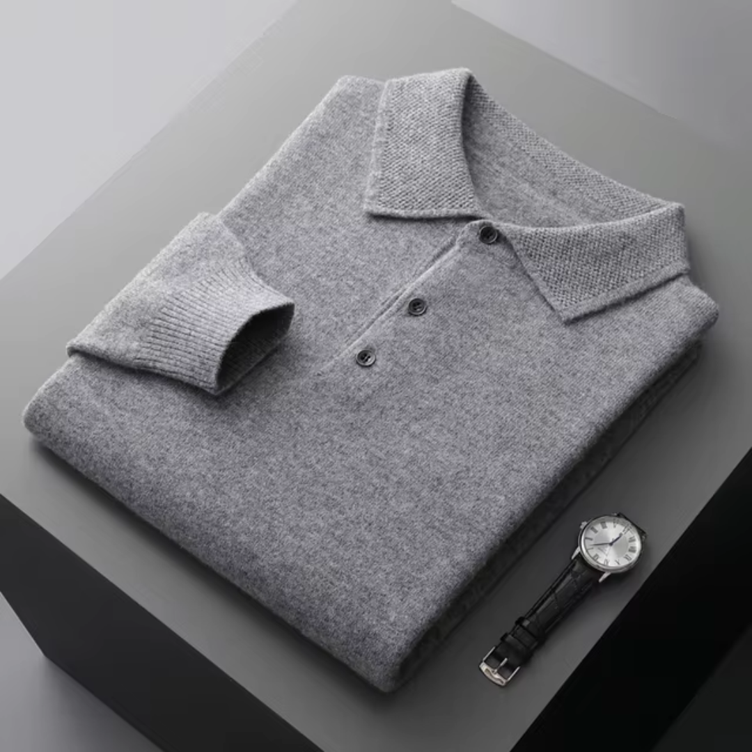 Men’s Polo Sweater – Merino Wool – Standard Fit – Button Placket – Ribbed Trim