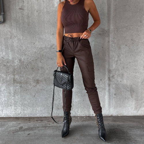 Women's stylish PU leather cargo pants