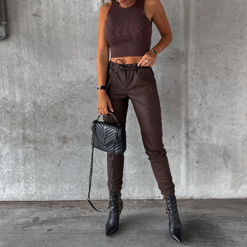 Women's High-Waisted Trousers - Faux Leather - Tapered Leg - Zippered Ankle Detail