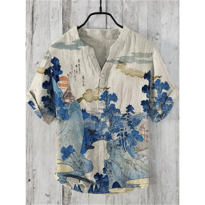 Men’s Casual Shirt – Relaxed Fit – Short Sleeve – Henley Neck – Artistic Cat Graphic