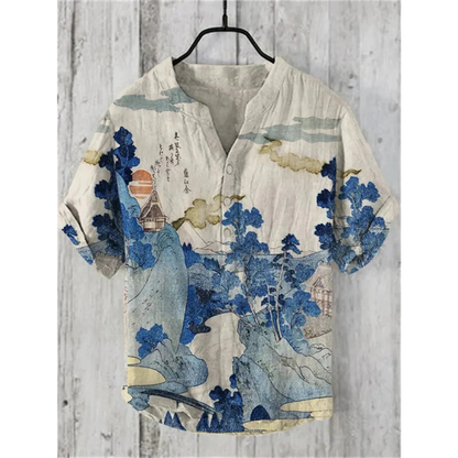 Men’s Casual Shirt – Relaxed Fit – Short Sleeve – Henley Neck – Artistic Cat Graphic
