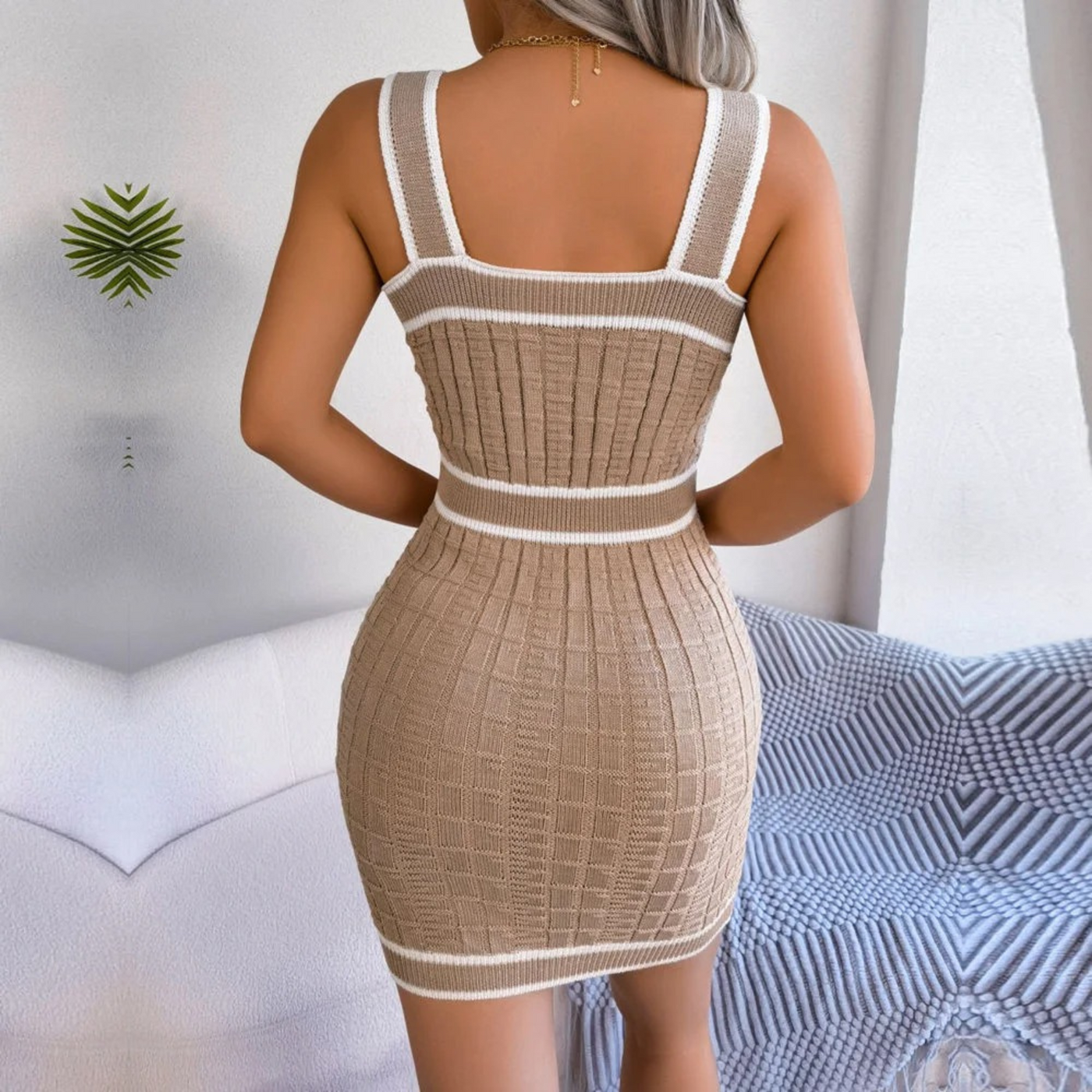 Women's Bodycon Dress - Sleeveless Fitted Design - Square Neck - Textured Checkered Pattern