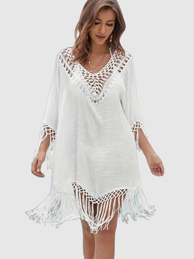 Women's Beach Cover-Up - Crochet Detailing - V-Neck - Flowy Tunic with Fringe