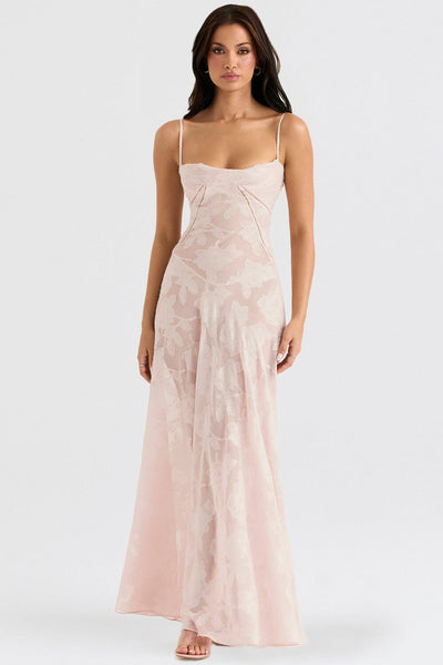 Women’s Maxi Dress – Slim Fit – Chiffon – Floral Pattern – Thin Straps – Formal Wear