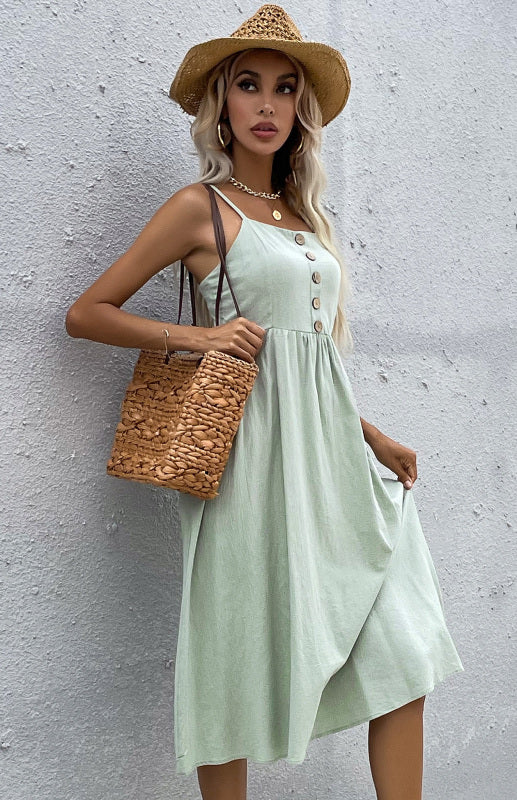 Women's Midi Dress - Sleeveless A-Line - Button-Down Fitted Bodice - Flared Casual Fit