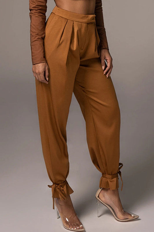 Women's High-Waisted Trousers - Pleated Front - Tapered Fit - Ankle Tie Detail