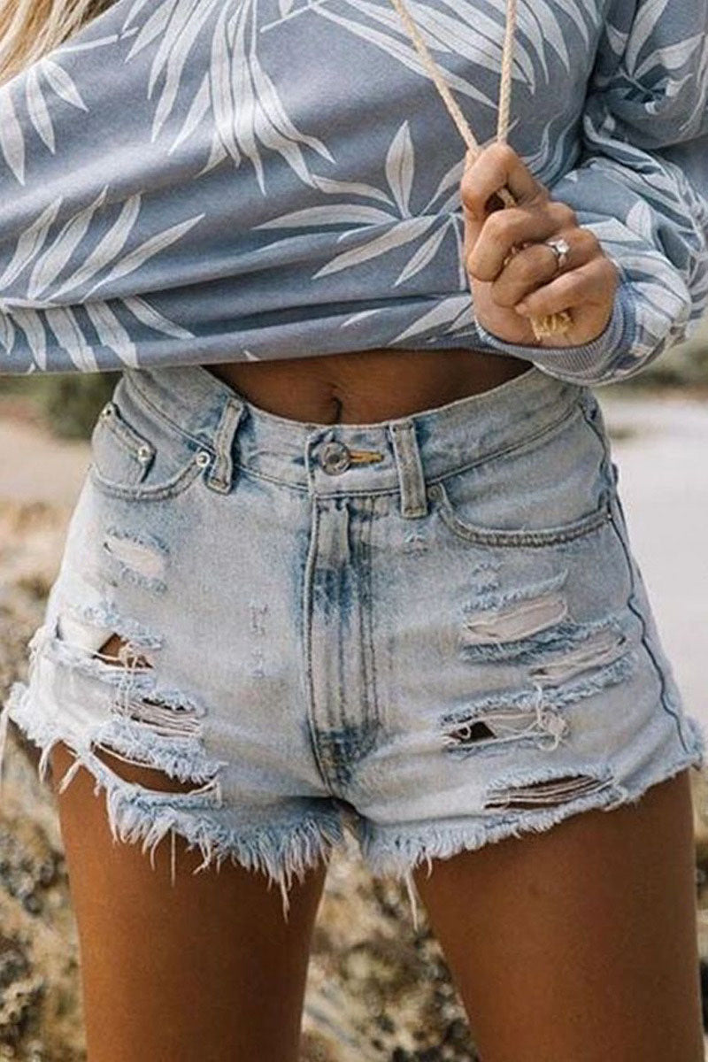 Kristine - casual gescheurde hoge taille rechte denim shorts