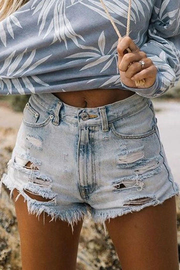 Kristine - casual gescheurde hoge taille rechte denim shorts