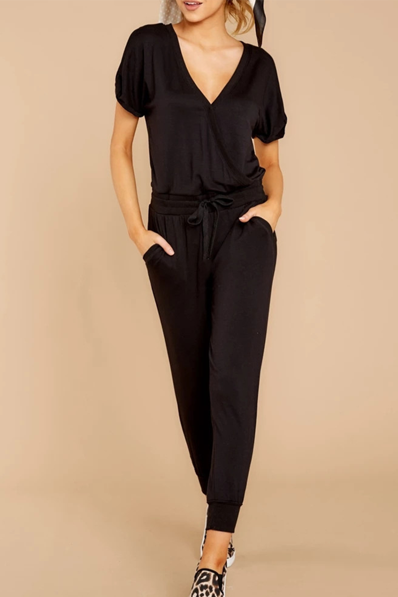 Corin - V-hals jumpsuit met tailleband, enkellang en korte mouwen