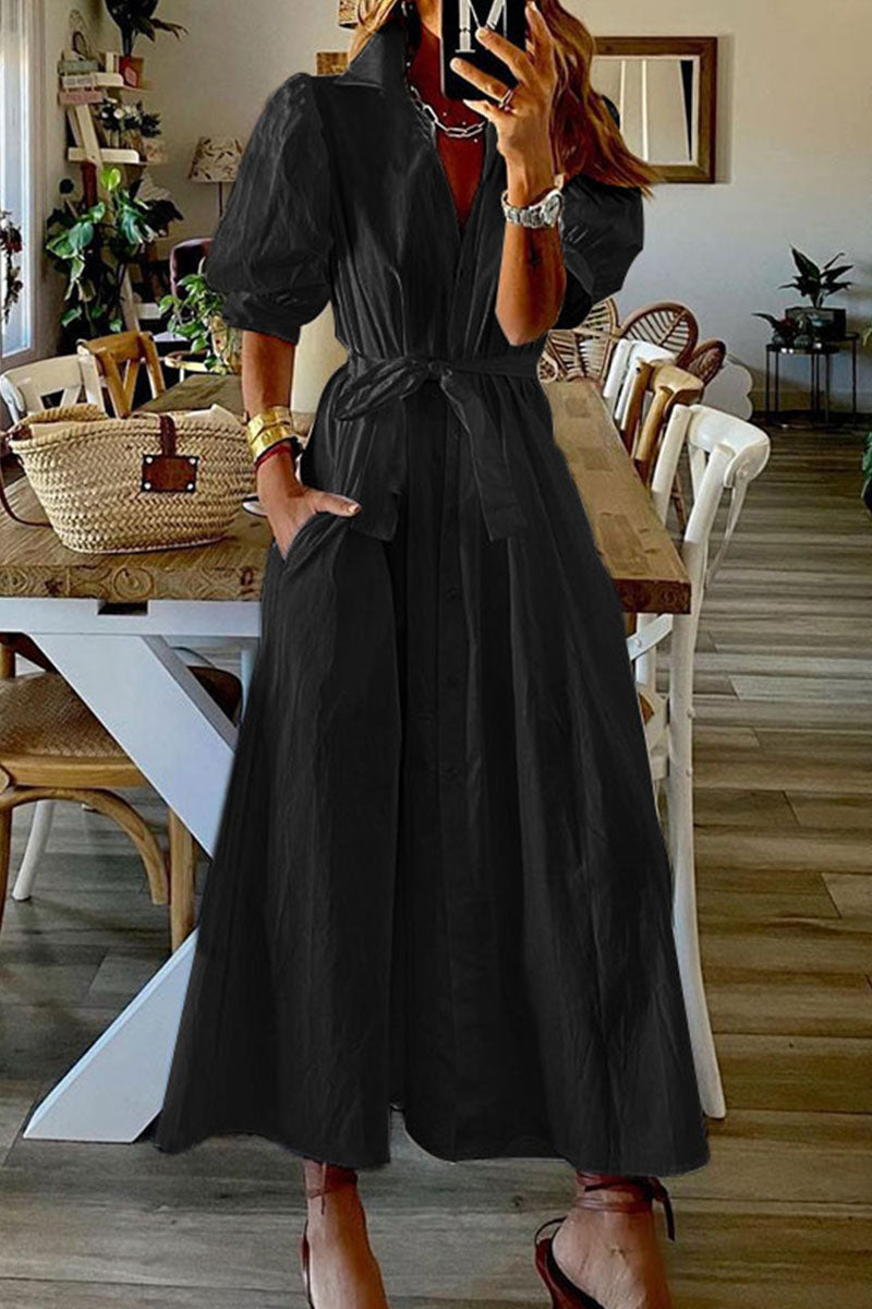 Women's Maxi Dress - Button Down - Puff Sleeves - Belted Waist - Classic Collar