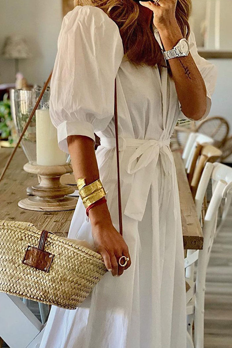 Women's Maxi Dress - Button Down - Puff Sleeves - Belted Waist - Classic Collar