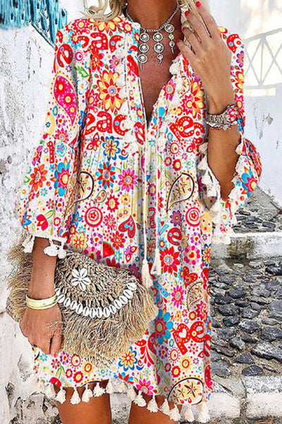 Women's Bohemian Dress - Loose Fit - Tie Neck - 3/4 Sleeve - Tassel Hem - Floral Print