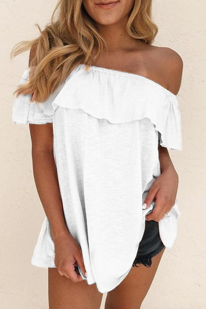 Women's off shoulder lotus leaf short sleeve loose top